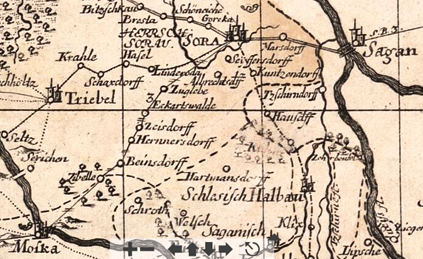 Wegbeziehungen zwischen Muskau und Sorau (Sächsisch Churfürstliche Postkarte, 1730, www.deutschefotothek.de)